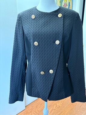 Lafayette 148 New York Black Quilted Double-Breasted Blazer with Gold Buttons